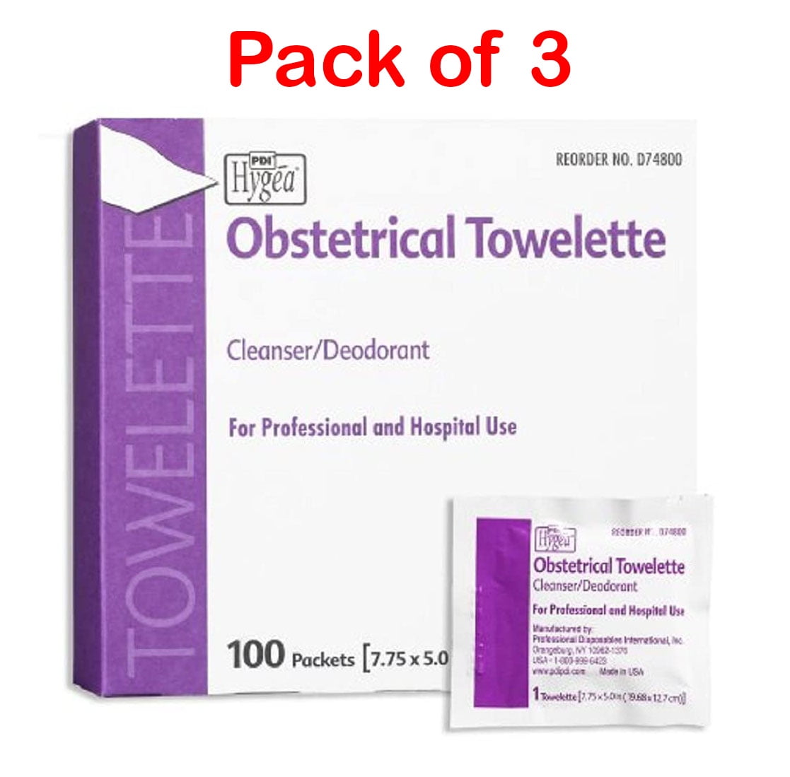 Hygea Obstetrical Towelettes - BZK, Ethyl Alcohol, Chlorothymol & Refreshing Scent Disposables Wipes -Individual Packet for Powerful Cleansing - Personal & Hospital Use - 100 Wipes - Pack of 3