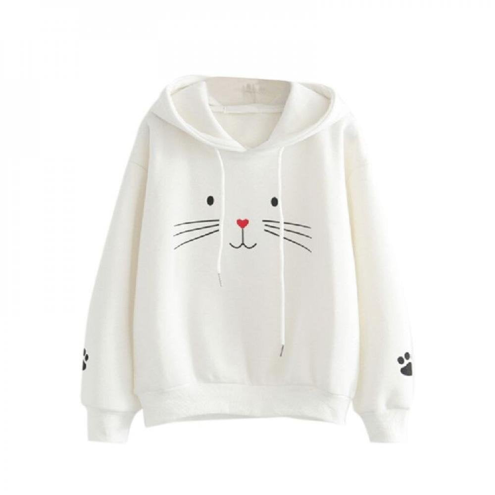 Women Hoodies Sweatshirt Kawaii Winter Cat Pattern Long