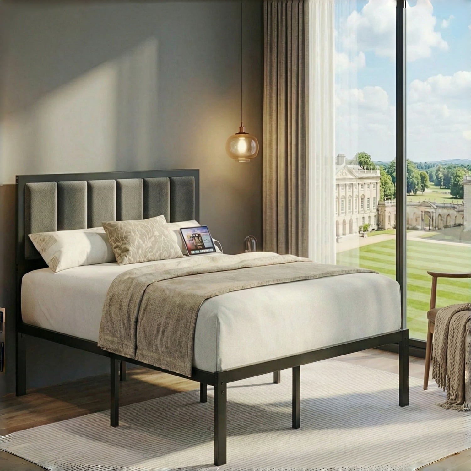 OLEVS Full Size Bed Frame with Upholstered Headboard, LED Lights, USB Ports, Power Outlet, No Box Spring Needed