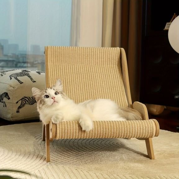 MINESTIA Cat Hammock, Rattan Extra-Large Cat Bed Lounger with Scratch Pad, Comfortable Kitten Sofa Couch for Indoor Cats, Pet Couch Bed Cat Chair for Kitty, Bunny, Brown