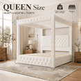 thumbnail image 3 of Amerlife Canopy Bed Frame Queen Size with 74.8" Tall Four-Post Design, Modern Deep-Tufted Velvet Upholstered Headboard with Charging Station, Cream, 3 of 10