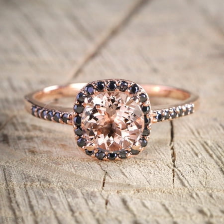1.25 Carat Peach Pink Morganite (Round cut Morganite) and Black Diamond Engagement Ring in 10k Rose Gold for