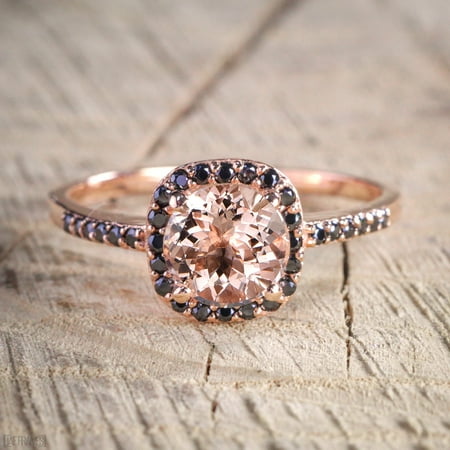 Red Black Engagement Ring 1.25 Carat Peach Pink Morganite (Round cut Morganite) and Black Diamond Engagement Ring in 10k Rose Gold for Women ()