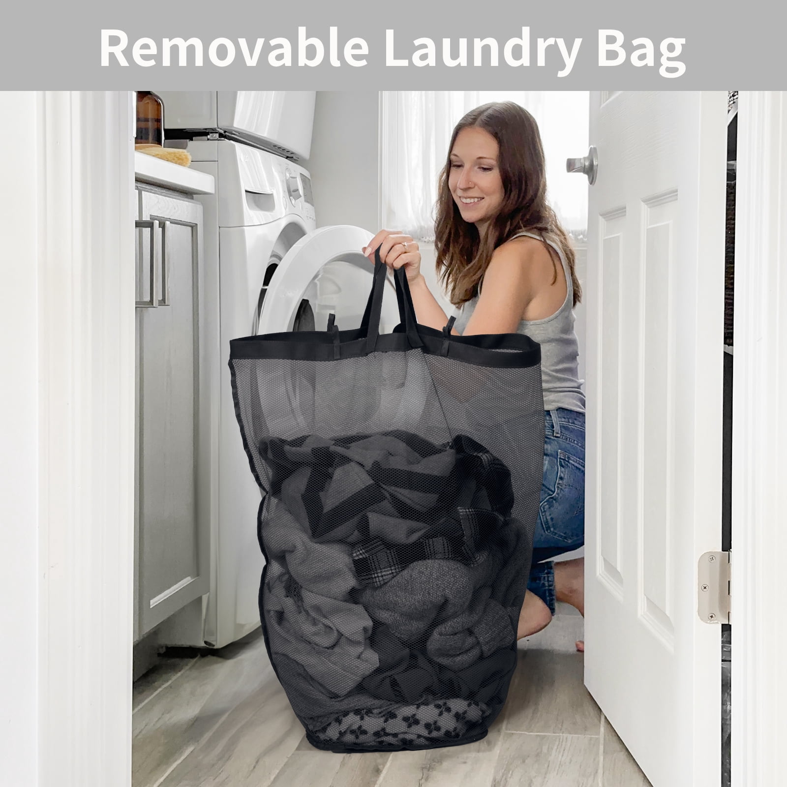 Slim Laundry Basket with Wheels,Freestanding Laundry Hamper with Lid&Bamboo Handles(75L Black)