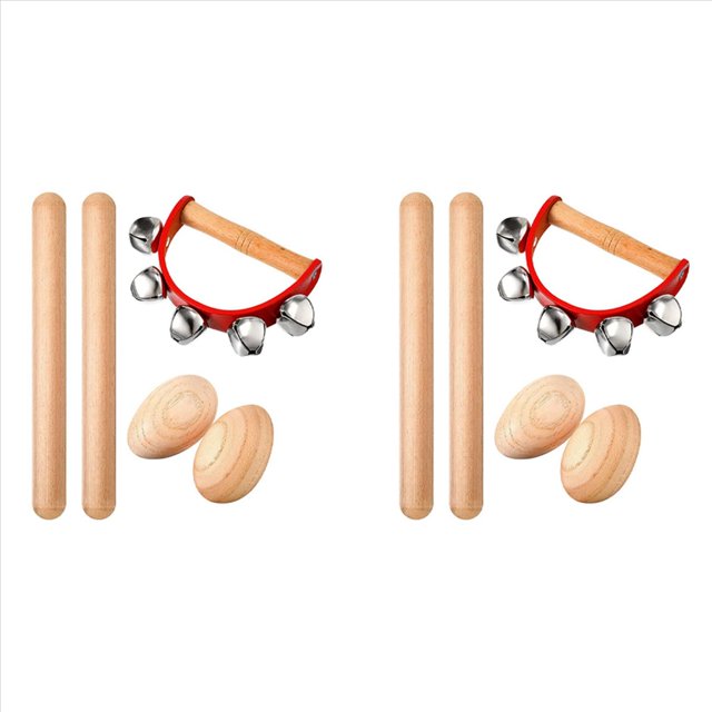 4X Juego de Instrumentos de Percusión Musical, Palillos de Ritmo + de Huevos de Madera + Campana de Pandereta, para Fiestas de Navidad para Niños