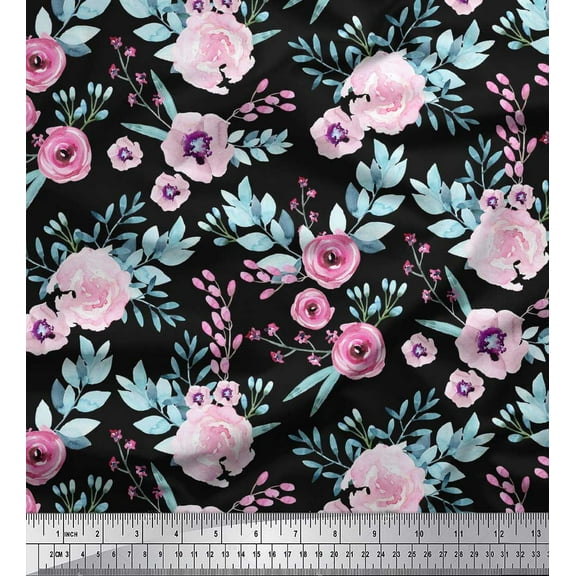 Soimoi Black Cotton Duck Fabric Anemone & Pink Flower Floral Fabric Prints By Yard 42 Inch Wide