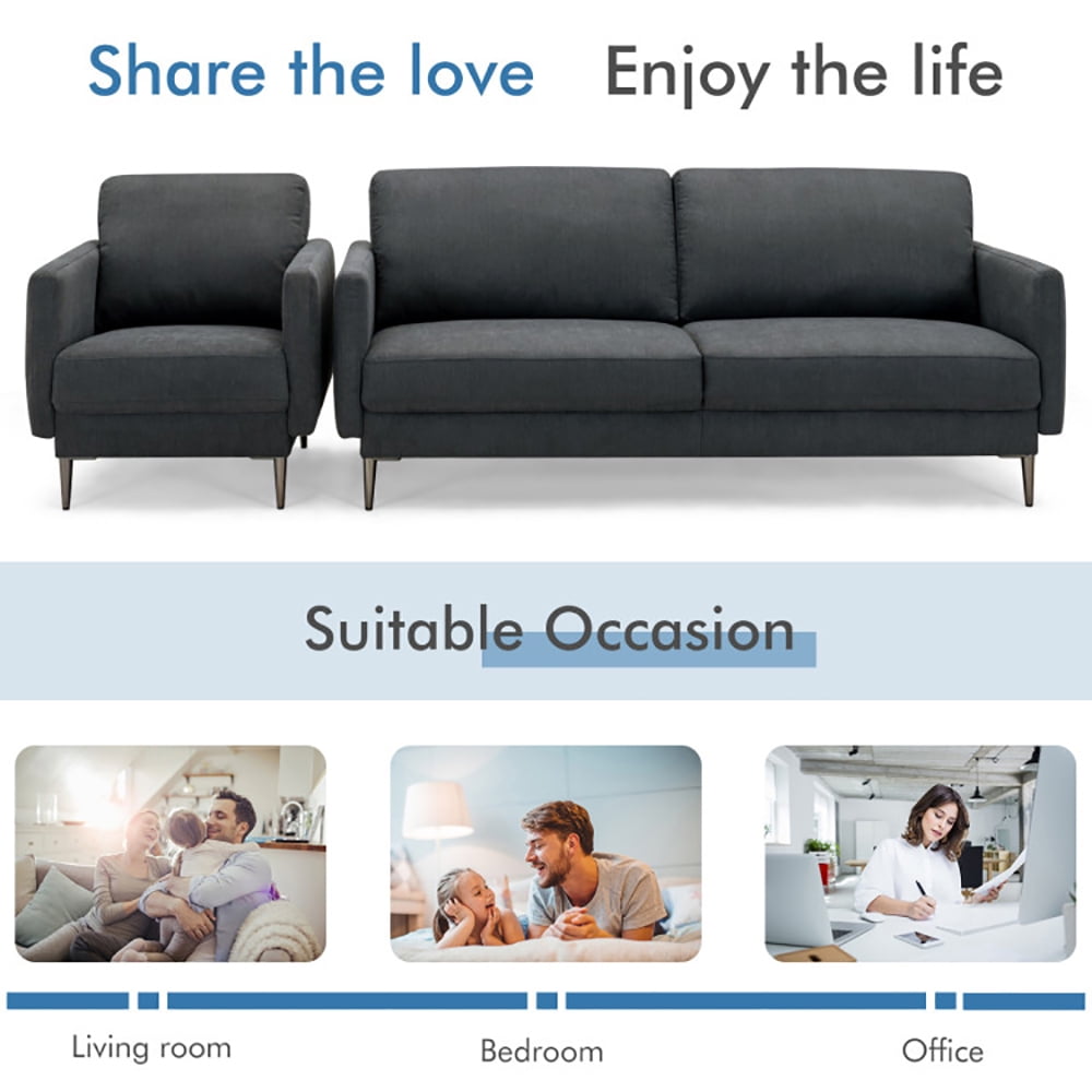 Finihen Sofa Set, Modern Sofa Couch with Solid Metal Legs and Removable Backrest Cushion, for Living Room, Bedroom, Gray