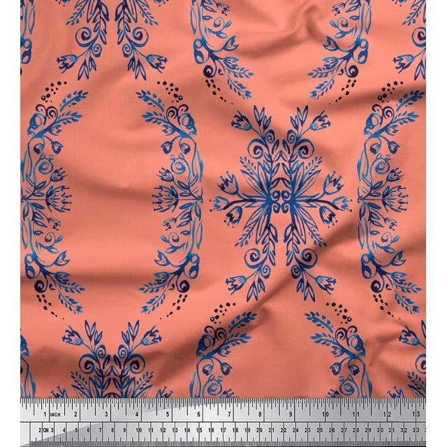 Soimoi polyester Crepe Fabric Floral & Ogee Damask Printed Fabric 1 Yard 52 Inch Wide