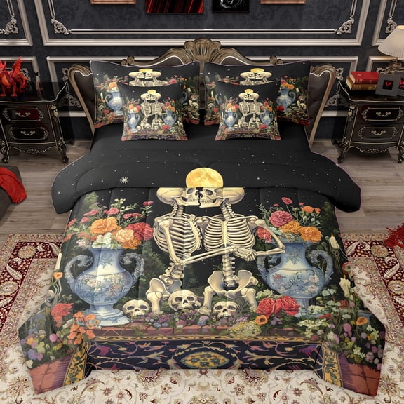 Homewish Teens Adults Gothic Skeleton Twin Bedding Sets 7-Piece,Chic Flowers Bedding Comforter Set Microfiber,Retro Exotic Style Breathable Sheet Sets,Ultra Soft Home Decor,Reversible