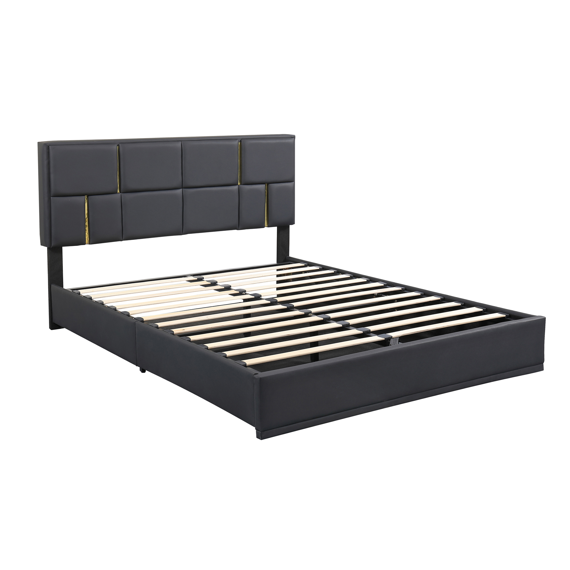 Euroco Upholstered 2 Pieces Bedroom Furniture Set, Queen Size Platform Bed with Hydraulic Storage System and Storage Ottoman, Black
