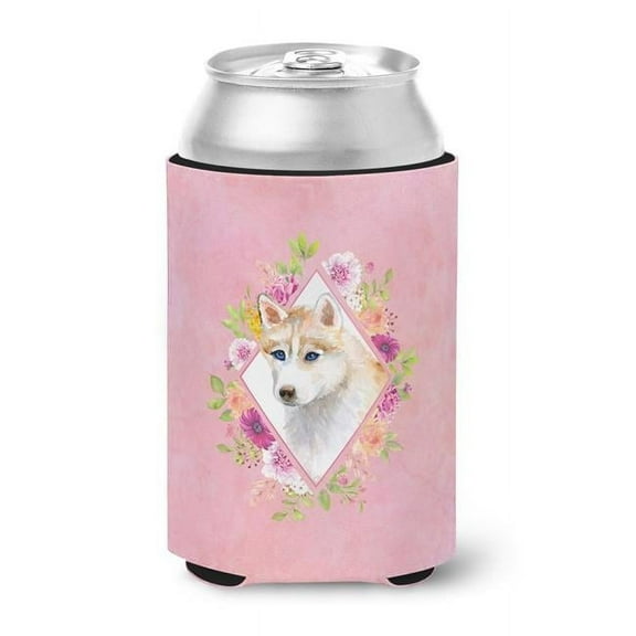 Red Siberian Husky Pink Flowers Can or Bottle Hugger