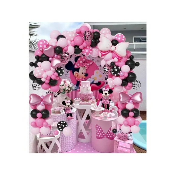 143Pcs Birthday Decorations Pink Mouse Balloon Garland Arch Kit, Pink And Black Balloons With Bow Foil Balloons Party Supplies For Party