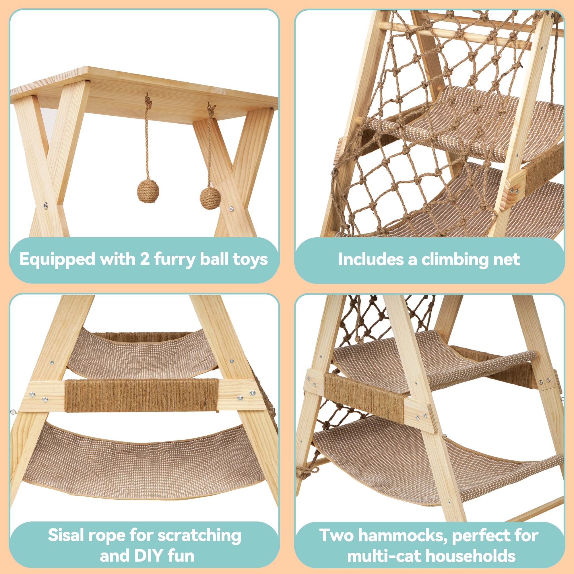AIWFL Cat Tree Tower for Large Cats, 43.3" Multi-Level Wooden Cat Hammock & Sisal Scratching Posts Cat Condo, Outdoor Indoor Activity Center