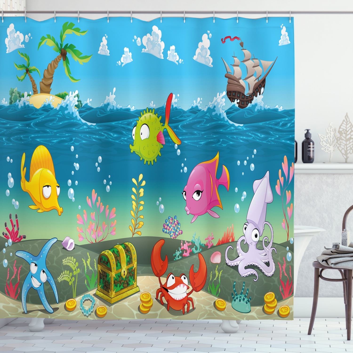Kids Shower Curtain, Funny Sea Animals Underwater Ocean View with Sail Boat Palm Trees Cartoon Artwork, Fabric Bathroom Set with Hooks, 69W X 70L Inches, Multicolor, by Ambesonne