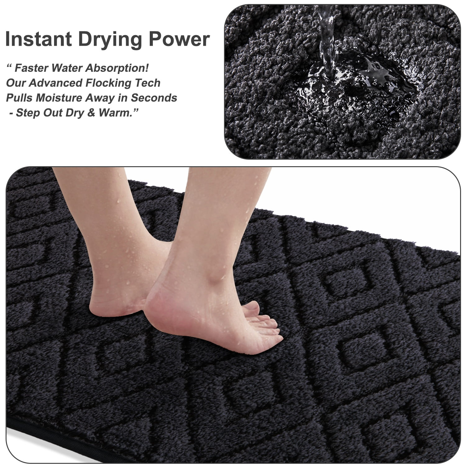 Yamaziot 3pcs Bathroom Rugs Set with U-Shaped Mat, Non Slip, Quick Drying, Ultra Soft and Water Absorbent Bath Rug Carpet Machine Washable Rug, Black