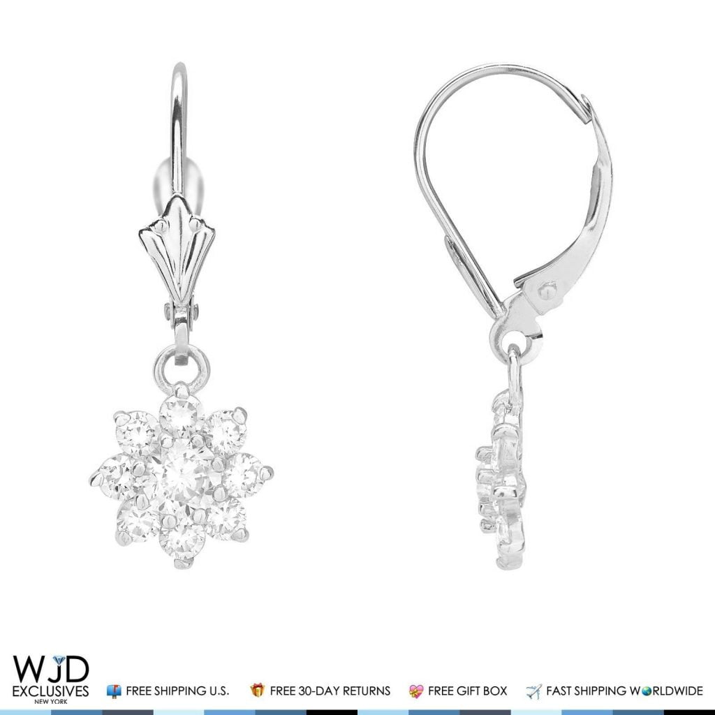 14K White Gold Created Diamond Flower Dangle Leverback Earrings 1Ct