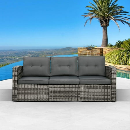 Outdoor Patio Couch - 3 Seat Wicker Rattan Aluminum Frame Sofa Seating Furniture Set Gray