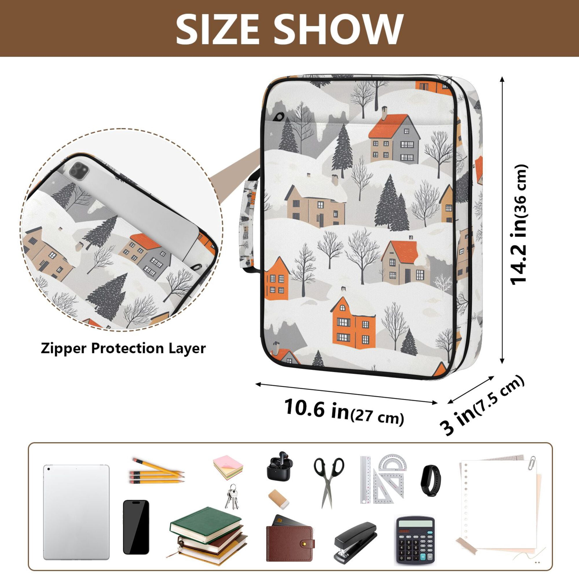 FORMRS Accordion File Folder A4 Size 7-Pocket Expanding Document Organizer Bag with 3 Ring Binder, Beige Snow Houses