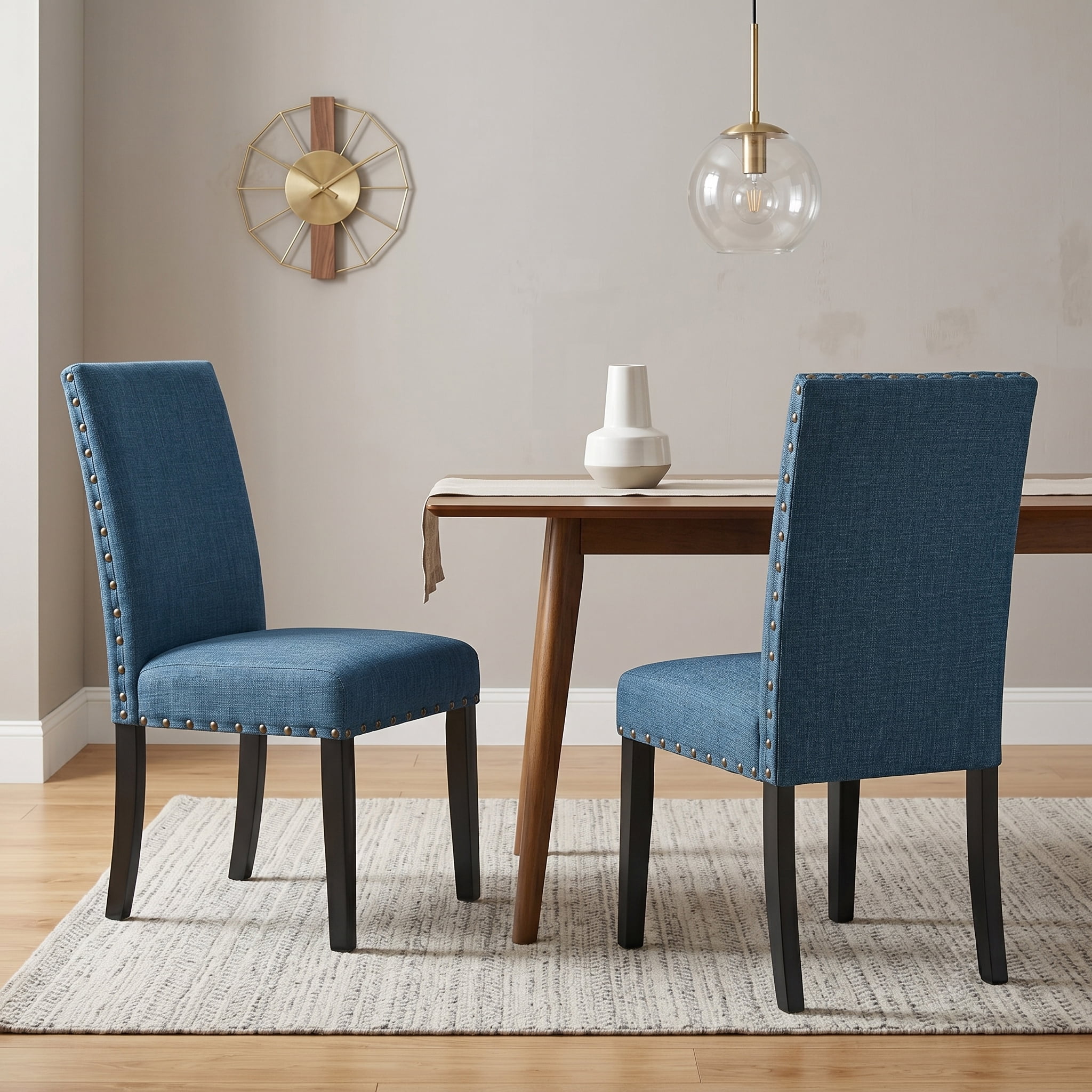 Roundhill Furniture Biony Blue Fabric Dining Chairs with Nailhead Trim, Set of 2