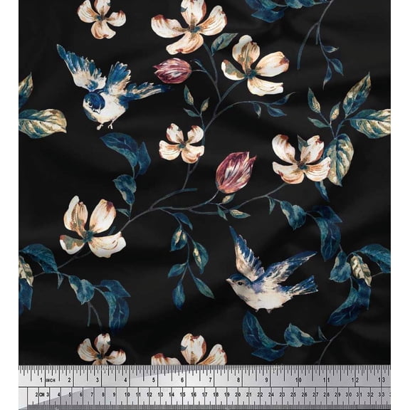 Soimoi Cotton Duck Fabric Robin,Leaves & Wildflower Floral Print Fabric by the Yard 42 Inch Wide