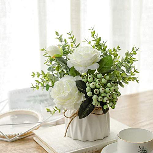 IMIKEYA Artificial Potted Flowers Mini Fake Peony Floral Arrangement with Ceramic Vase Planter Table Centerpiece for Home Wedding Party Decor 