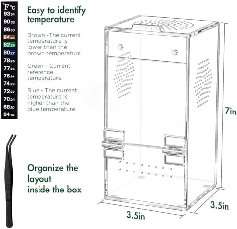 Pre-Assembled Jumping Spider Enclosure,Acrylic Terrarium with Magnetic Door & All-Side Ventilation,Habitat for Spiderling, Mantis,Tarantula,Snail,(Tweezer & Temp Sticker Included)