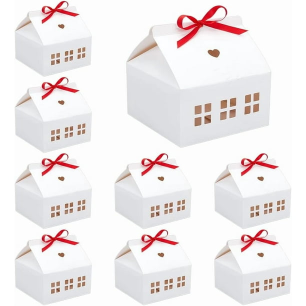 10 cajas de regalo con forma de casa con cintas, 16x16x16 cm, cajas de cartón para dulces, regalos y detalles.