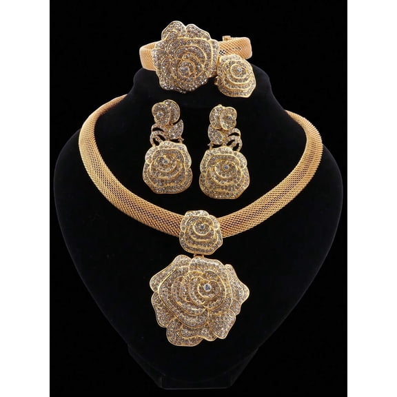 Goldtone Crystal Rose Jewelry Set: Necklace, Earrings, Bracelet