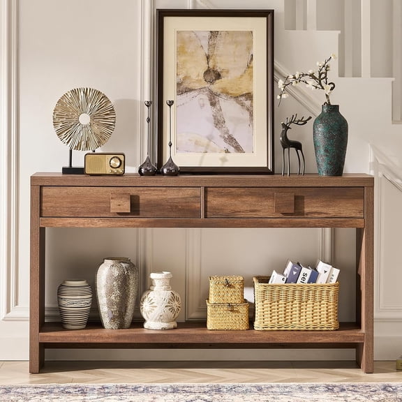 Console Table with Drawers, 55 Inch Narrow Entryway Table with Open Storage Shelves, Mid Century Modern Hallway Accent Tables Behind Couch Table for Living Room (Vintage Brown)