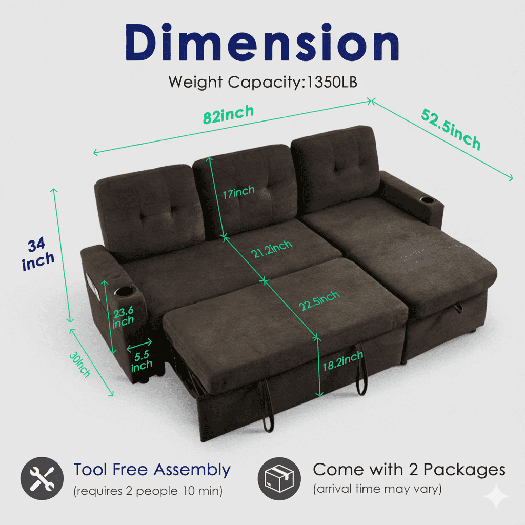 Convertible Sectional Sofa Bed, 82in Sleeper Sofa Bed with Storage Chaise for Living Room, Pull Out Couch L Shaped Sofa with USB Charging Port, Cup Holder, Removable Backrest, Teddy Fabric, Gray