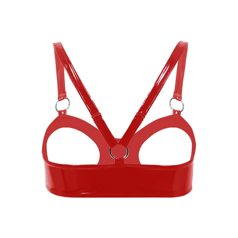YIZYIF Womens Wet Look Patent Leather Bra Halter Neck Open Cups Underwire  Bralette Exotic Lingerie Red 4XL