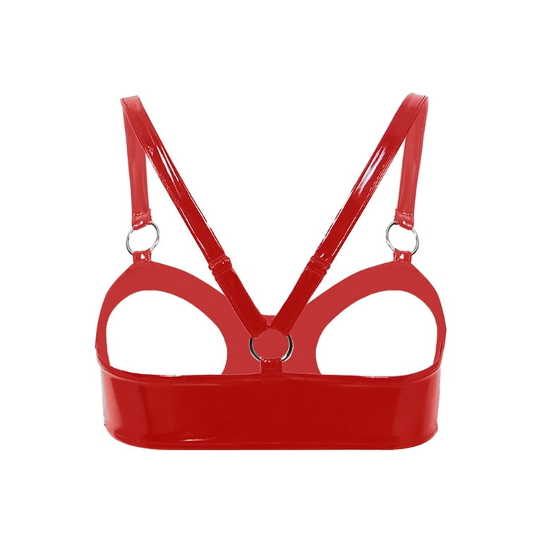 YIZYIF Womens Wet Look Patent Leather Bra Halter Neck Open Cups Underwire  Bralette Exotic Lingerie Red 4XL 