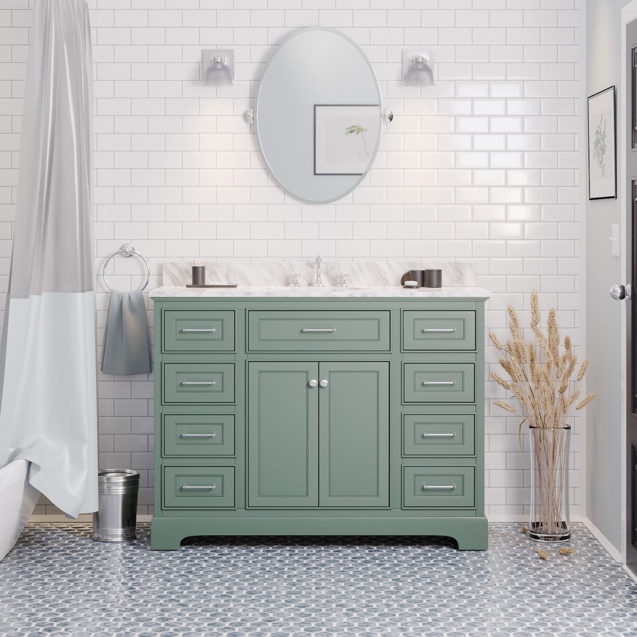 Aria 48" Bathroom Vanity with Sage Green Cabinet and Carrara Marble Top ...