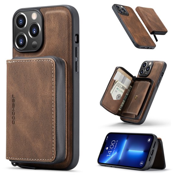 Wallet Case for iPhone 16 Pro, Removeable Zipper Pocket Back Case with Card Holder, PU Leather Drop Protective Cover Case with Kickstand for iPhone 16 Pro, Brown