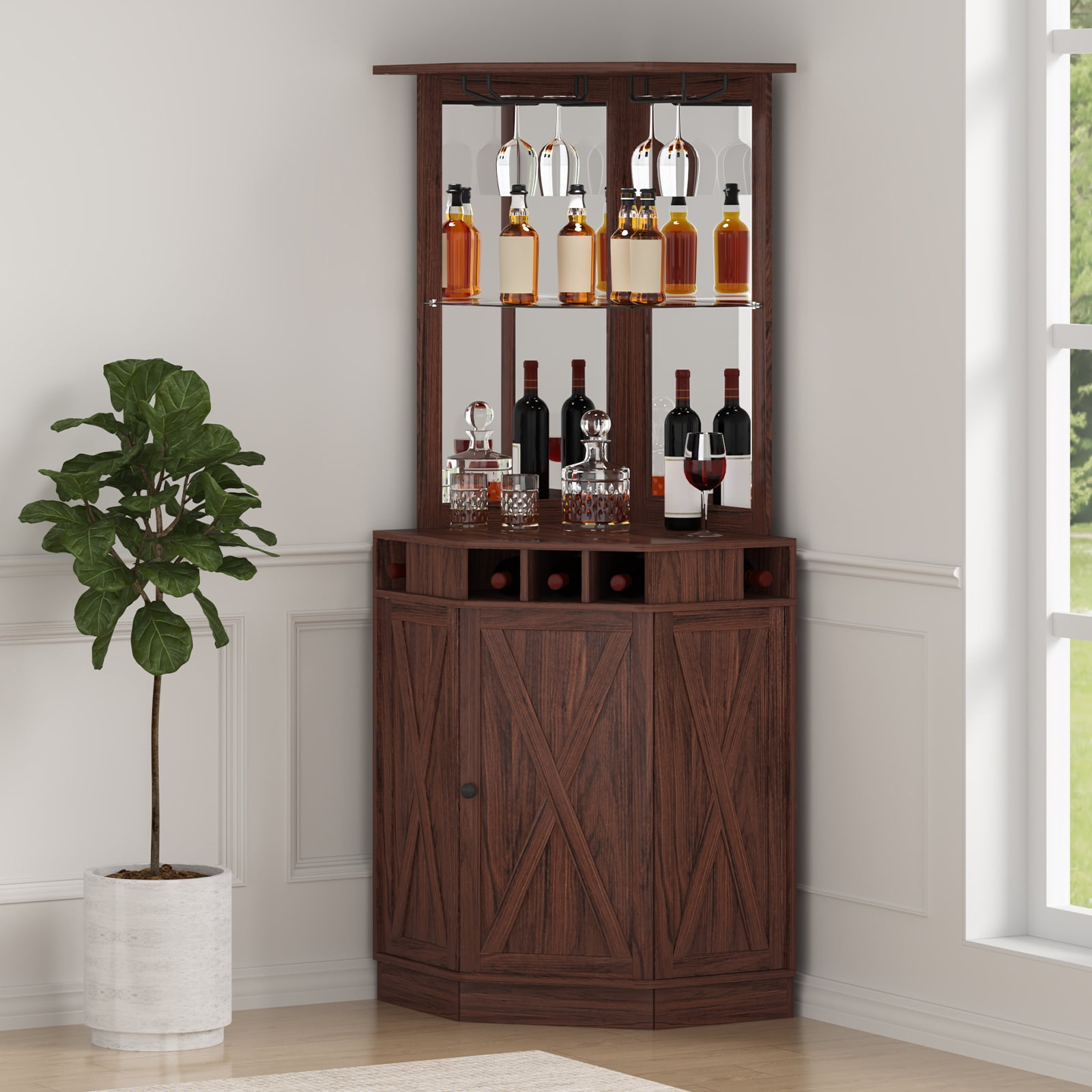 BENTISM Industrial Bar Cabinet Wine Bar Table with Glass Holder for Liquor & Glass