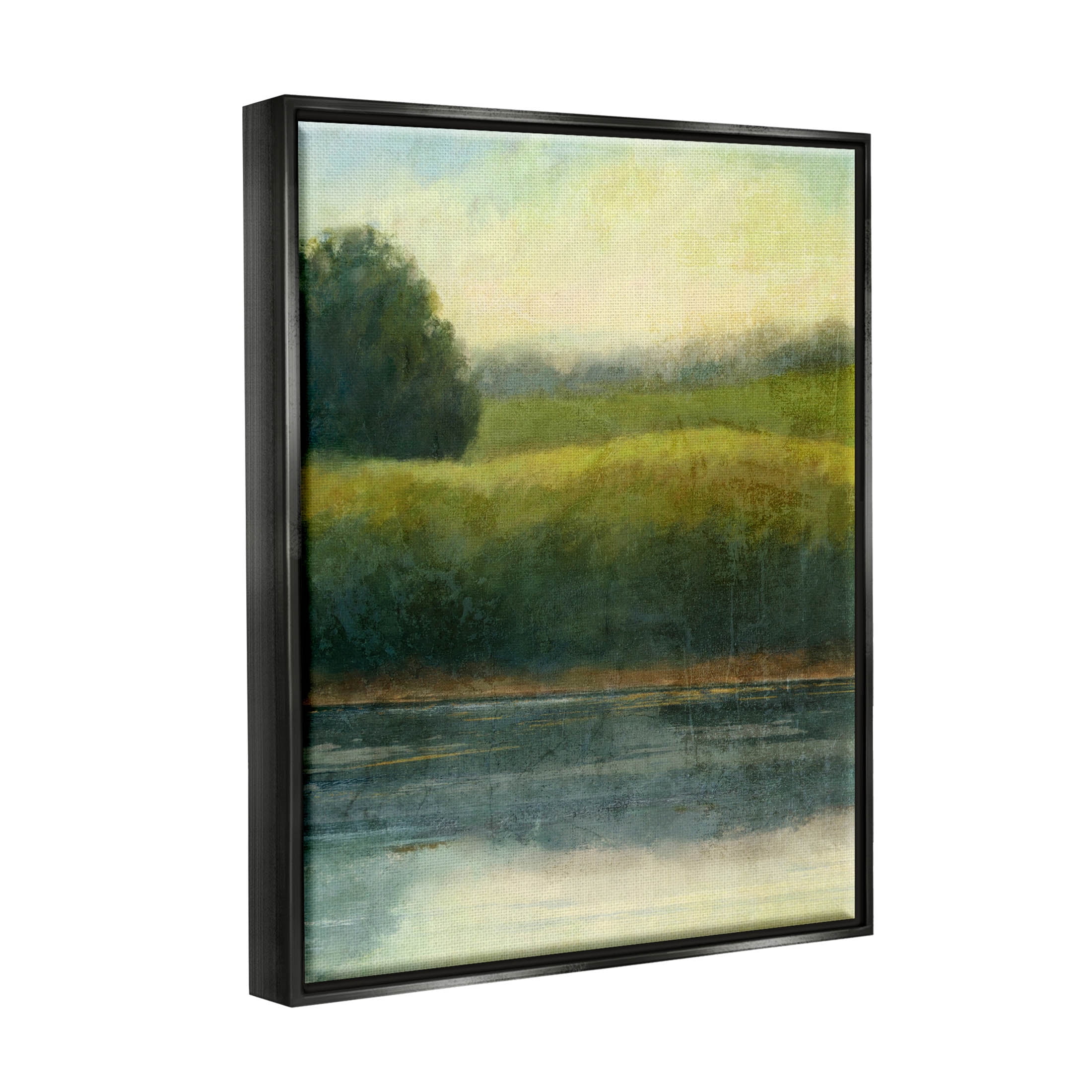 Rural Pond Grassland Nature Landscape Graphic Art Jet Black Framed Art Print Wall Art