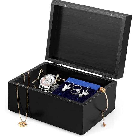 ANHXN Small Keepsake Box, Black Wood Memory Box with Hinged Lids, Wooden Jewelry Storage Box Decorative Card Box, Bridal Shower Gifts