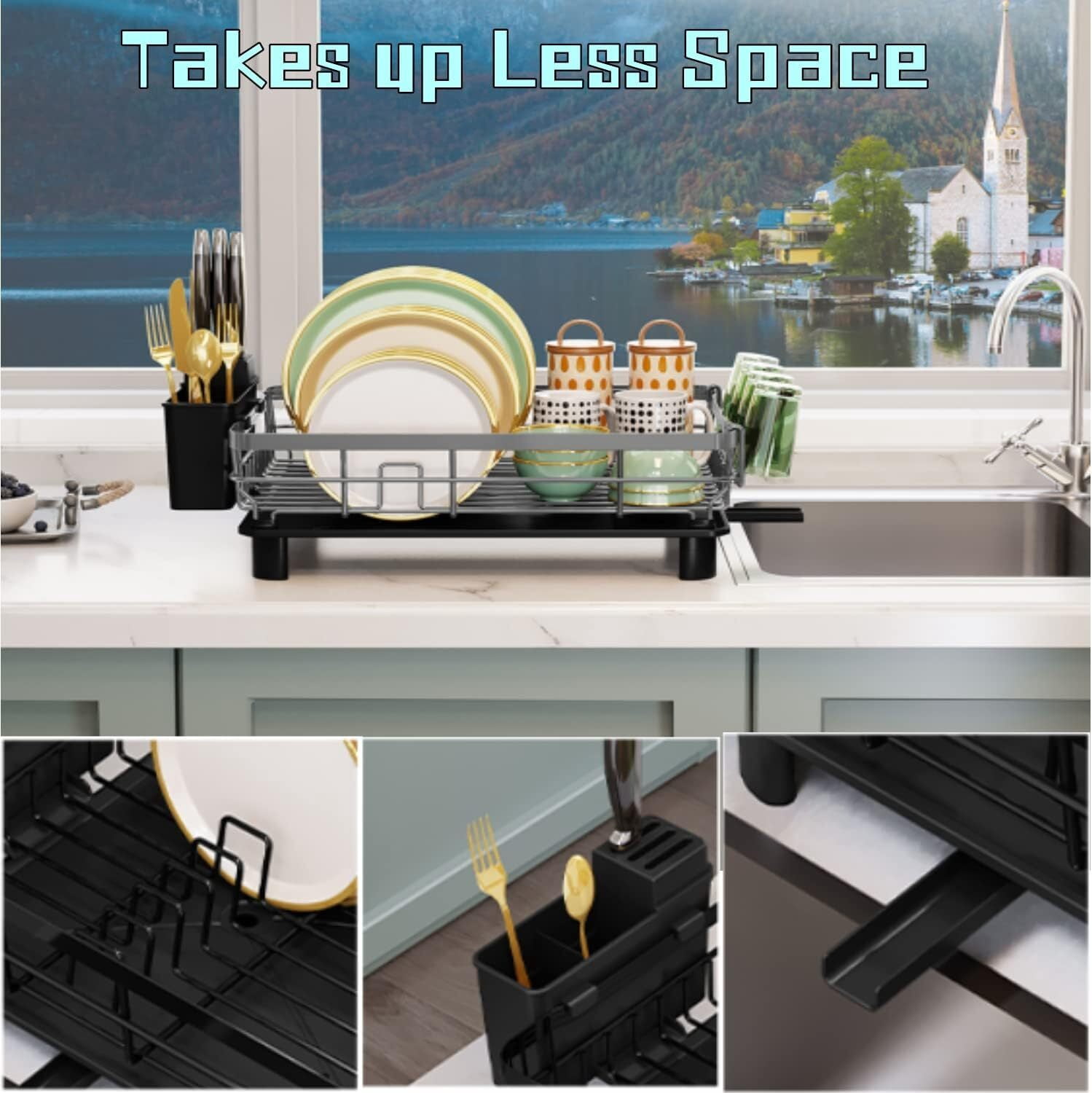 RUseeN Dish Drying Rack, Dish Dryer Rack, Counter Sink Adjustable Spout Dish Strainers Utensil Holder Cup Holder with Drainboard Dish Drainers for Kitchen Organization Decor