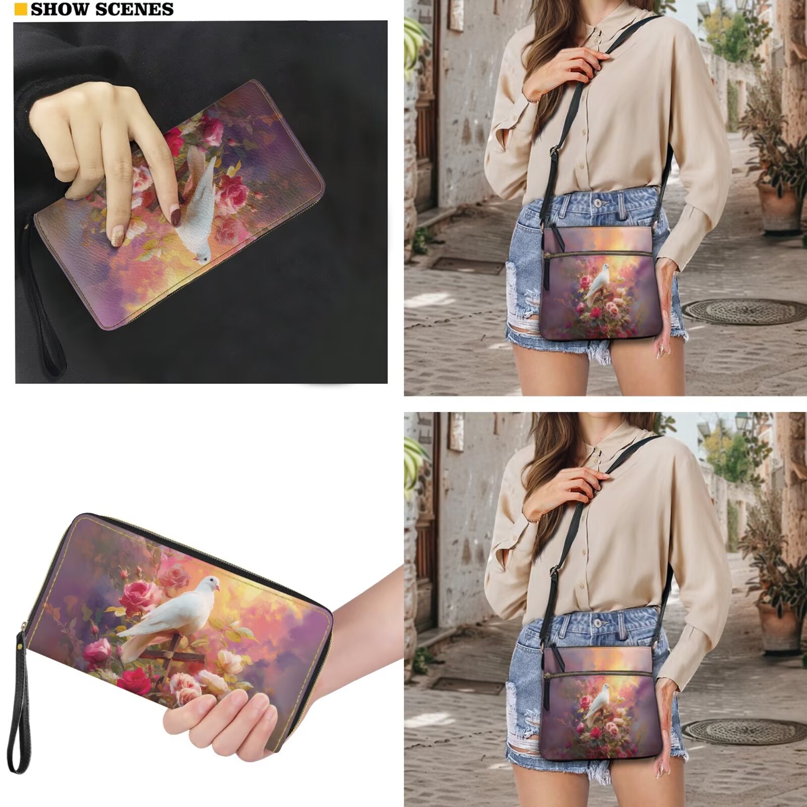 ZUXONGSY White Dove Cross Rosette Print Stylish PU Leather Crossbody Purse & Wallet Set for Women, Large Satchel Handbag with Adjustable Strap for Travel & Work for Daily Use
