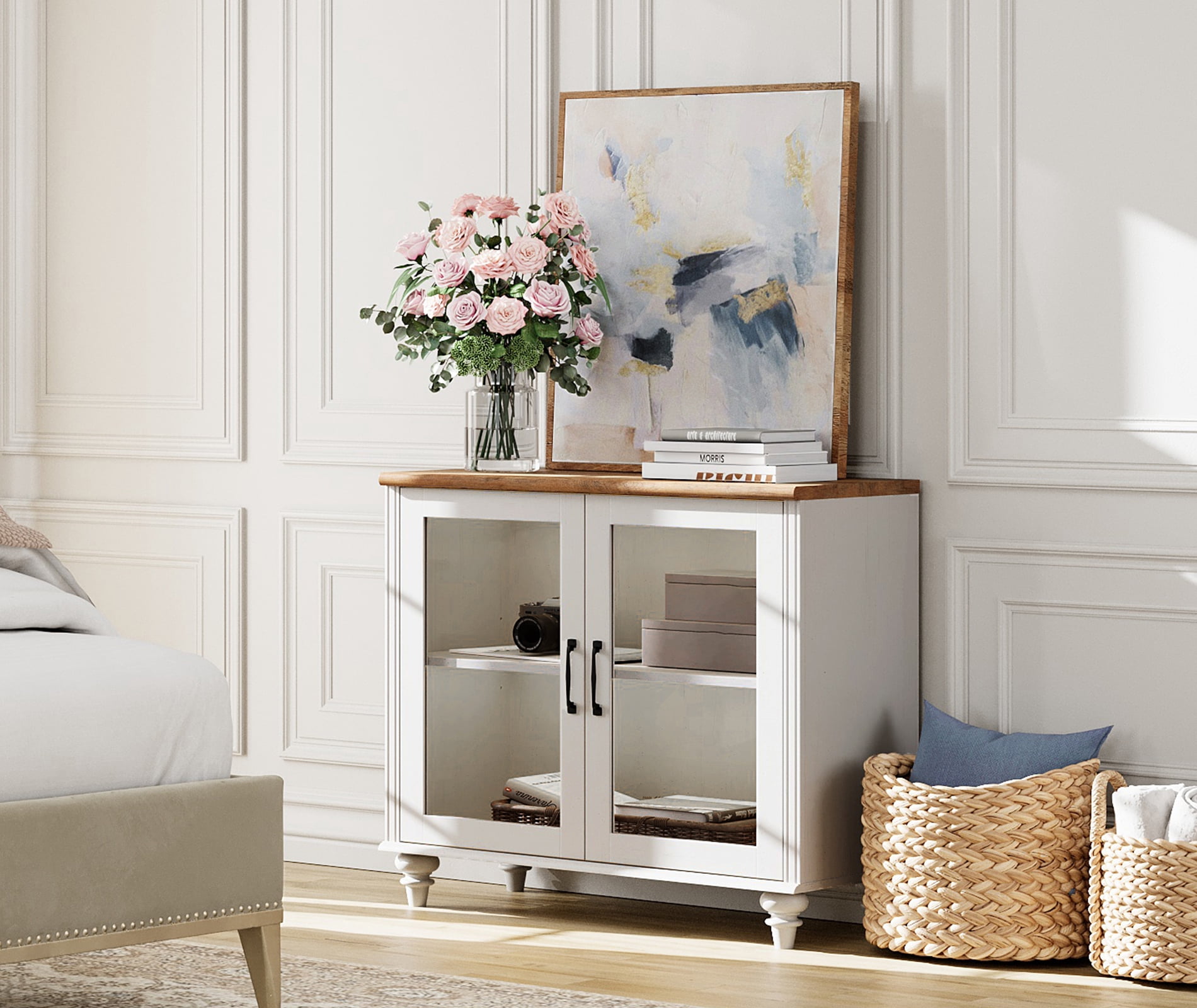 Buffet Cabinet with Glass Door, Kitchen Sideboard with 2 Storage & Adjustable Shelf, Modern Glass Entryway Table or Living Room Dining Room,  White