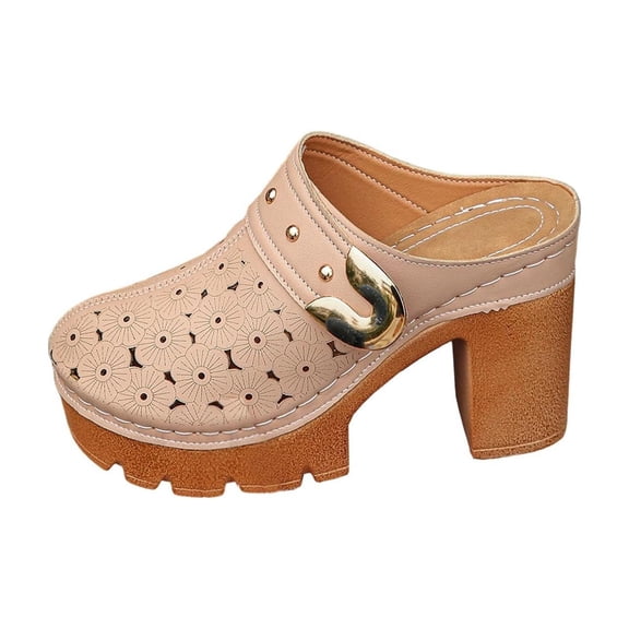 QQAMB Women’s Sandals Hollow Closed Toe Chunky Heels Mules,Summer Slip On Slides Loafer Shoes,Casual Breathable Backless Mules Sandals