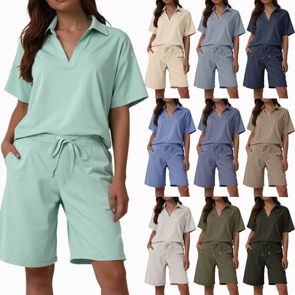 vigerkar 2 Piece Sets for Women Summer Lounge Sets Short Sleeve Sweatsuit V-neck Tops and Drawstring Shorts Outfits Tracksuit (Light Green, XL)