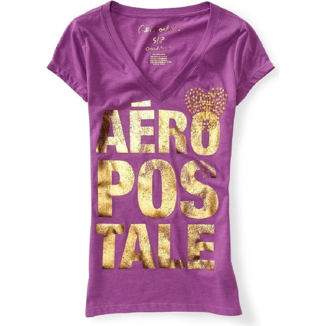 Aeropostale Womens Foil Jeweled Heart Camiseta gráfica con cuello en V, Púrpura, XS Aeropostale Camiseta gráfica