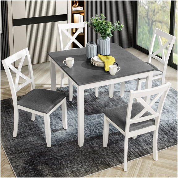 Modern 4-Piece Dining Set with Square Table and Chairs, Space Saving Kitchen Table Set for Small Spaces, Two-Tone Gray and White
