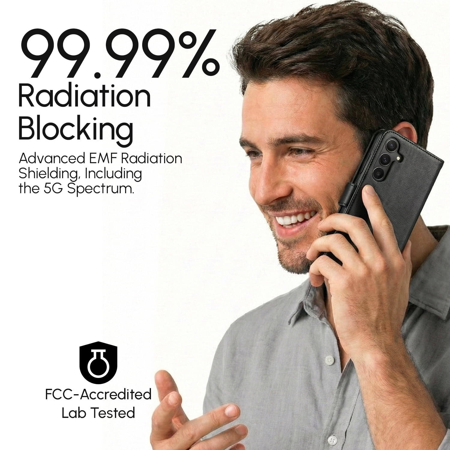RadEnergy EMF Blocking Genuine Leather Wallet Phone Case with Card Holder for Samsung Galaxy, Anti Radiation EMF Protection, Radiation Blocker Cell Phone Wallet Case (Black, for Galaxy A16 5G)