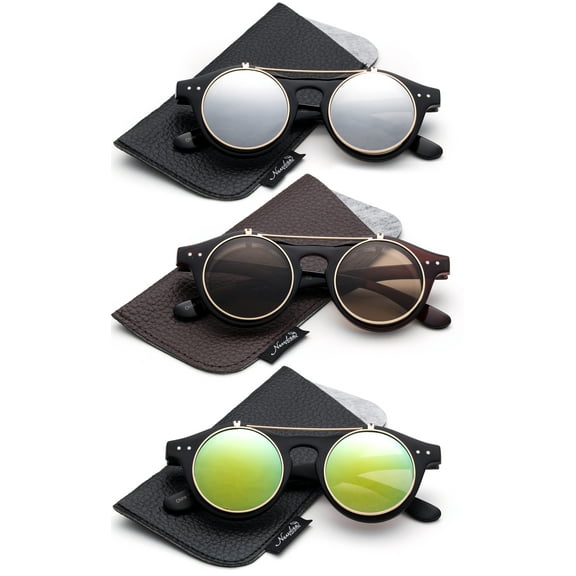 Classic Small Retro Steampunk Circle Flip Up Glasses / Sunglasses Cool Retro New Model-3 Pairs w/Pouch