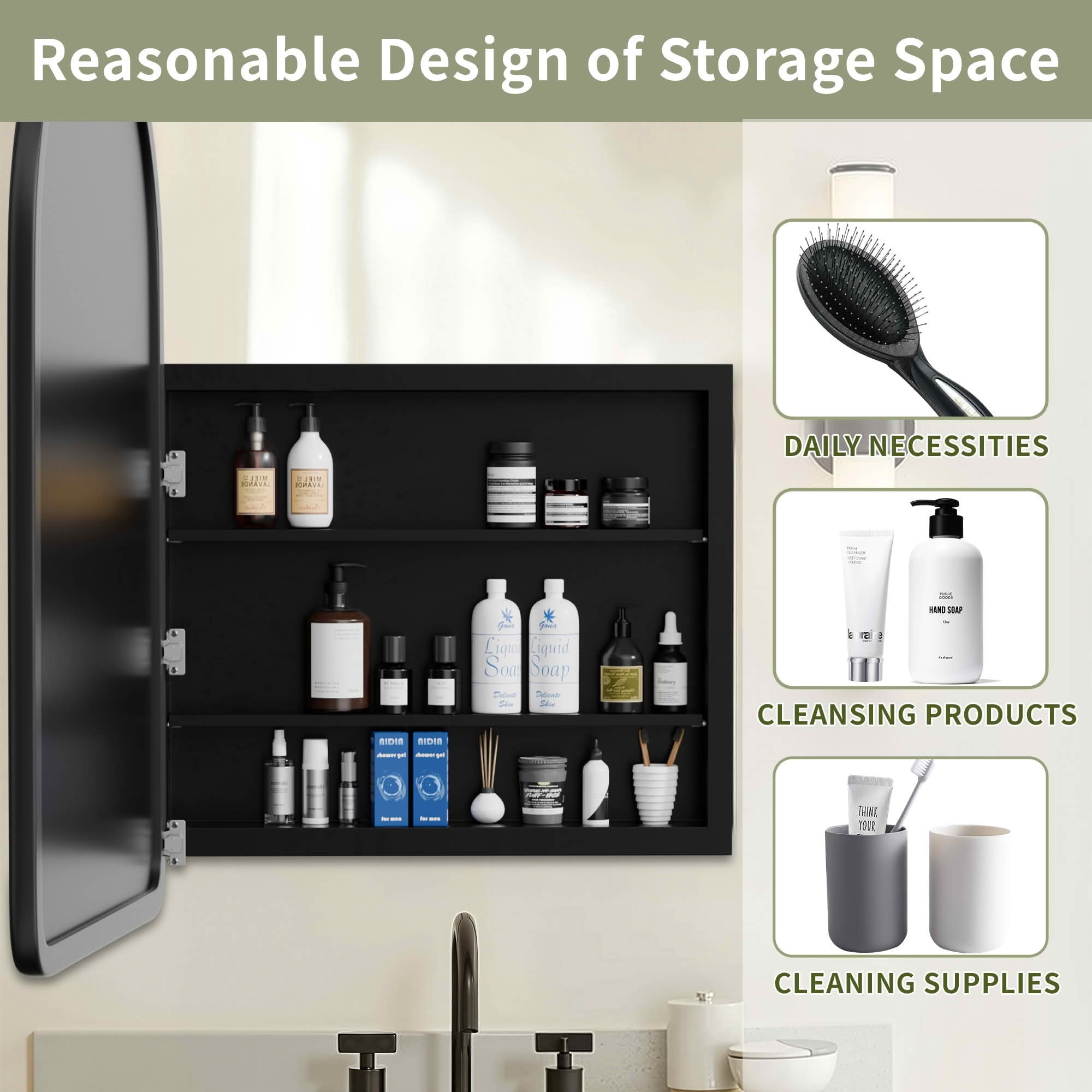 MAYEERTY 36x24x5 Inch Black Wood Round Corner Arched Medicine Cabinet for Bathroom