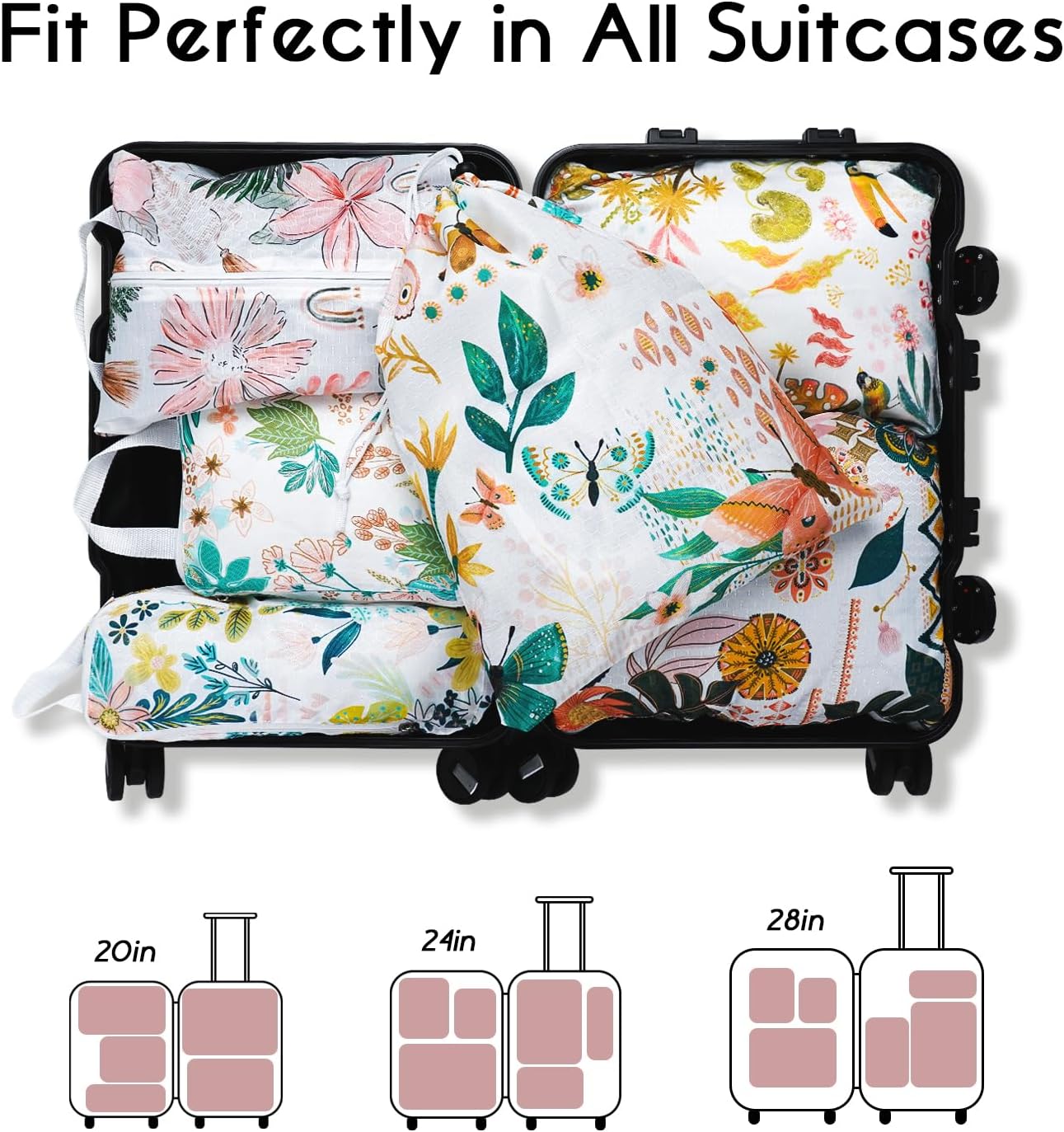 6 Set Compression Packing Cubes for Travel,Bohemia Packing Cubes for Suitcase Luggage Organizer Bags,Travel Essentials for Carry on Backpack,Ultralight and Waterproof(Tropical Plants Paradise)