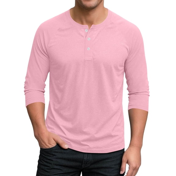 SYMOID Mens Pink Henley Shirt - 3/4 Sleeve Stretchy Polyester Spandex, Casual Layering Top for Spring Fall Daily Wear, Size S to XXXL,Size L