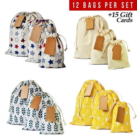Eco Friendly Hang Tags - Drawstring bag 12pcs + 15 removable tags, reusable produce bags, eco friendly storage bags, snack cloth bags, reusable grocery bags, canvas bag for Birthday Wedding Party Baby Shower. 1st Ed. Yellow D